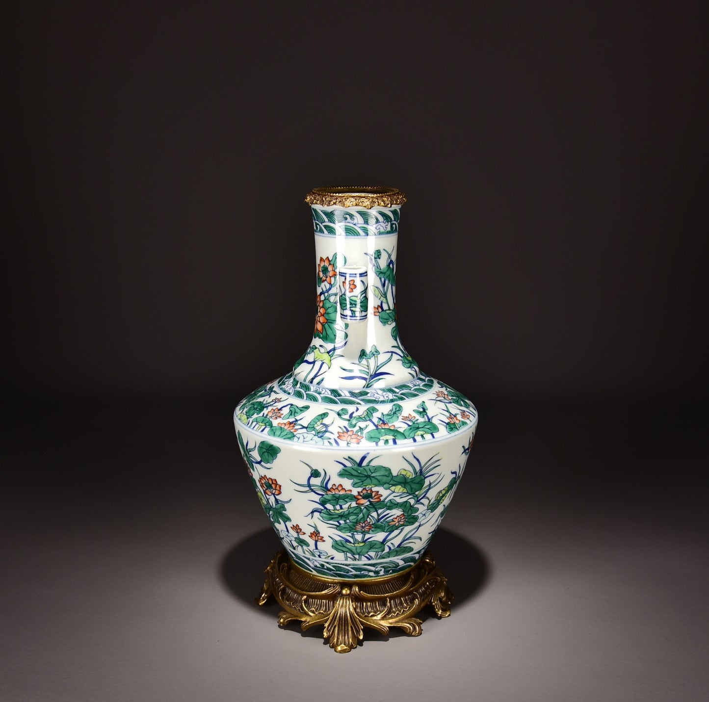 A2314 Chinese Inlaying Copper Edge Doucai Lotus Leaf & Lotus Flower Design Porcelain Vase