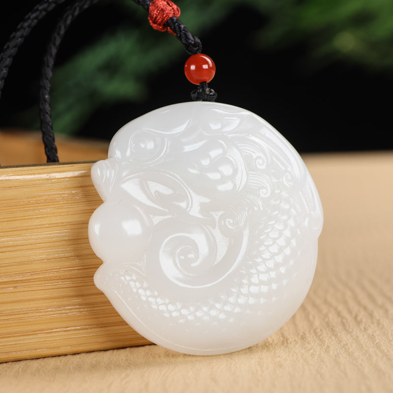 A2329 Chinese Natural Hetian Jade Dragon Fish Pendant