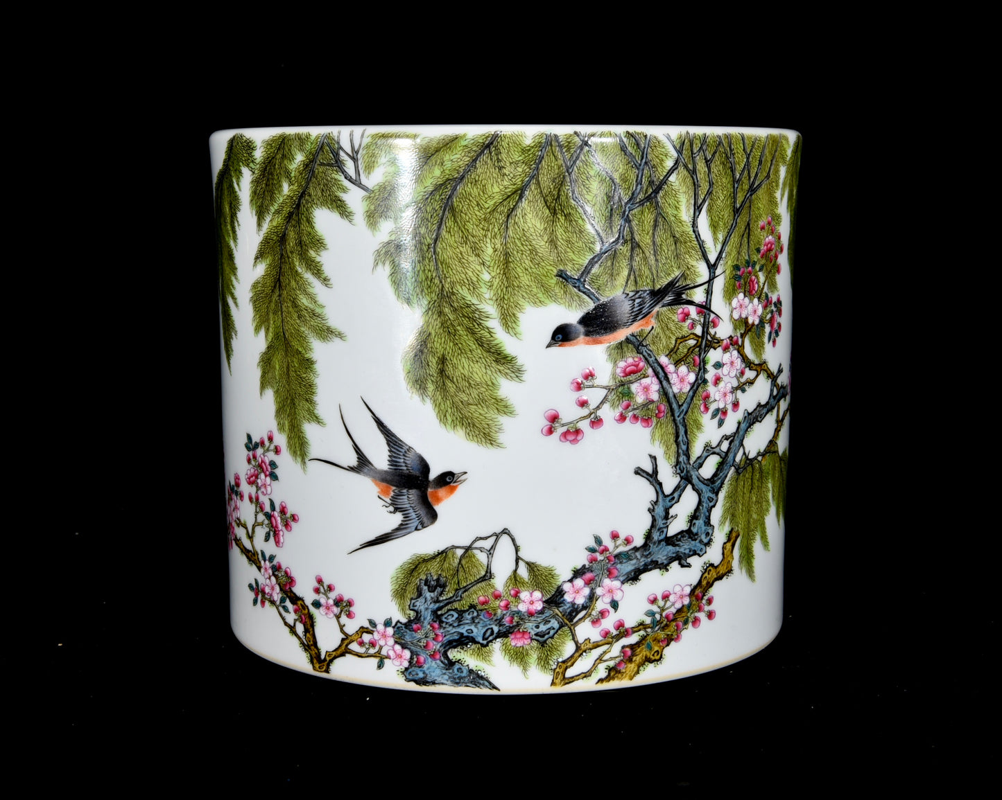 A2333 Chinese Qing Dynasty Famille Rose Enamel Flowers Bird Design Porcelain Brush Pot