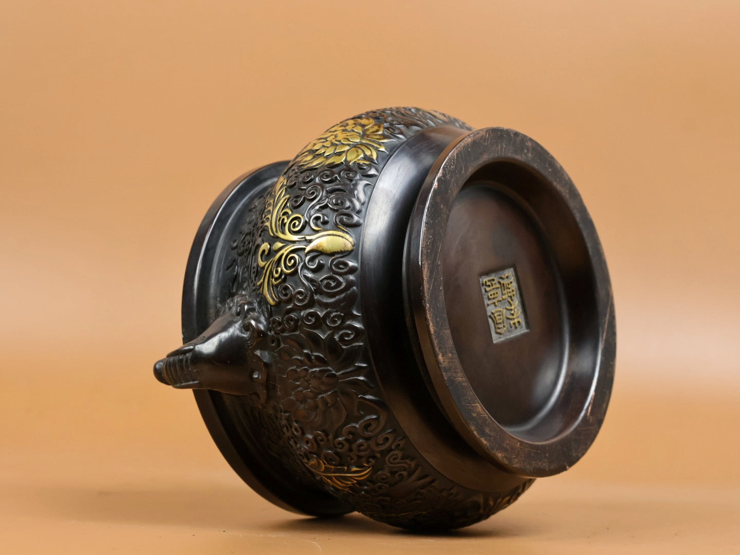 A2343 Vintage Chinese Gilt Gold Copper Double Ear Incense Burner