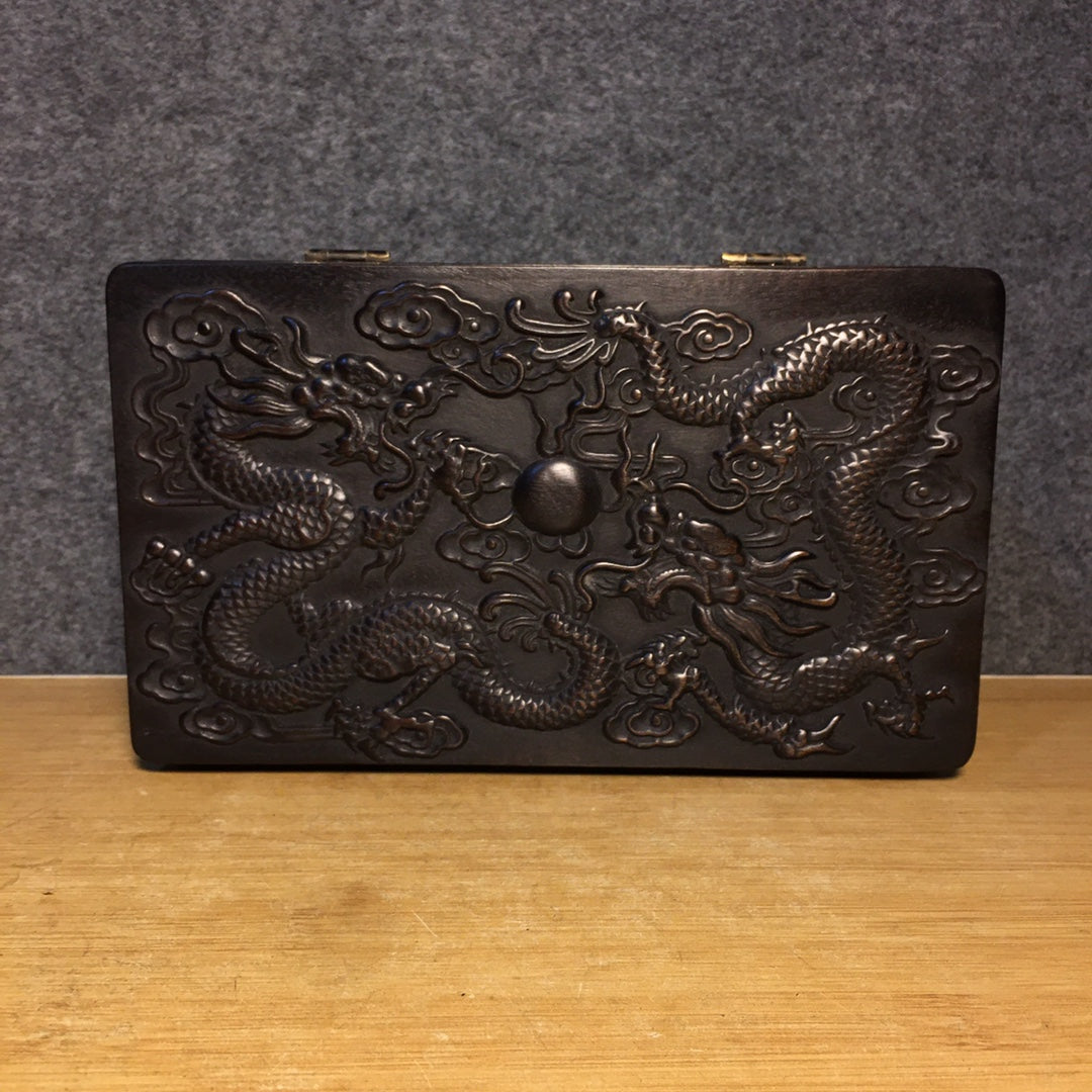 A2355 Old Chinese Zitan Wood Low Relief Fortune Dragon Jewellery Box