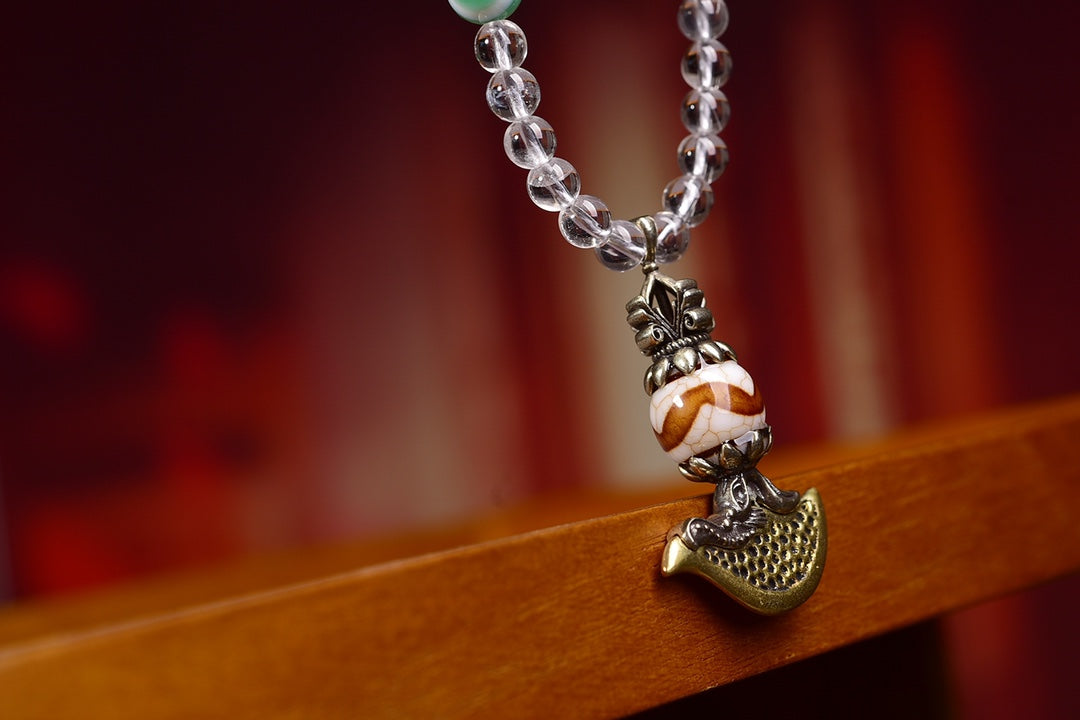A2358 Vintage Gilt Gold Inlay DZI Agate Xiangmo Axe Pendant w White Crystal & Agate Beads Necklace