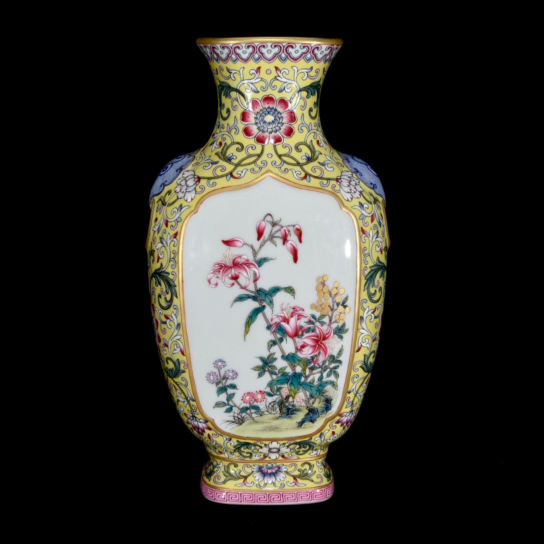 A2361 Chinese Gilt Edge Famille Rose Flowers Design Porcelain Vase