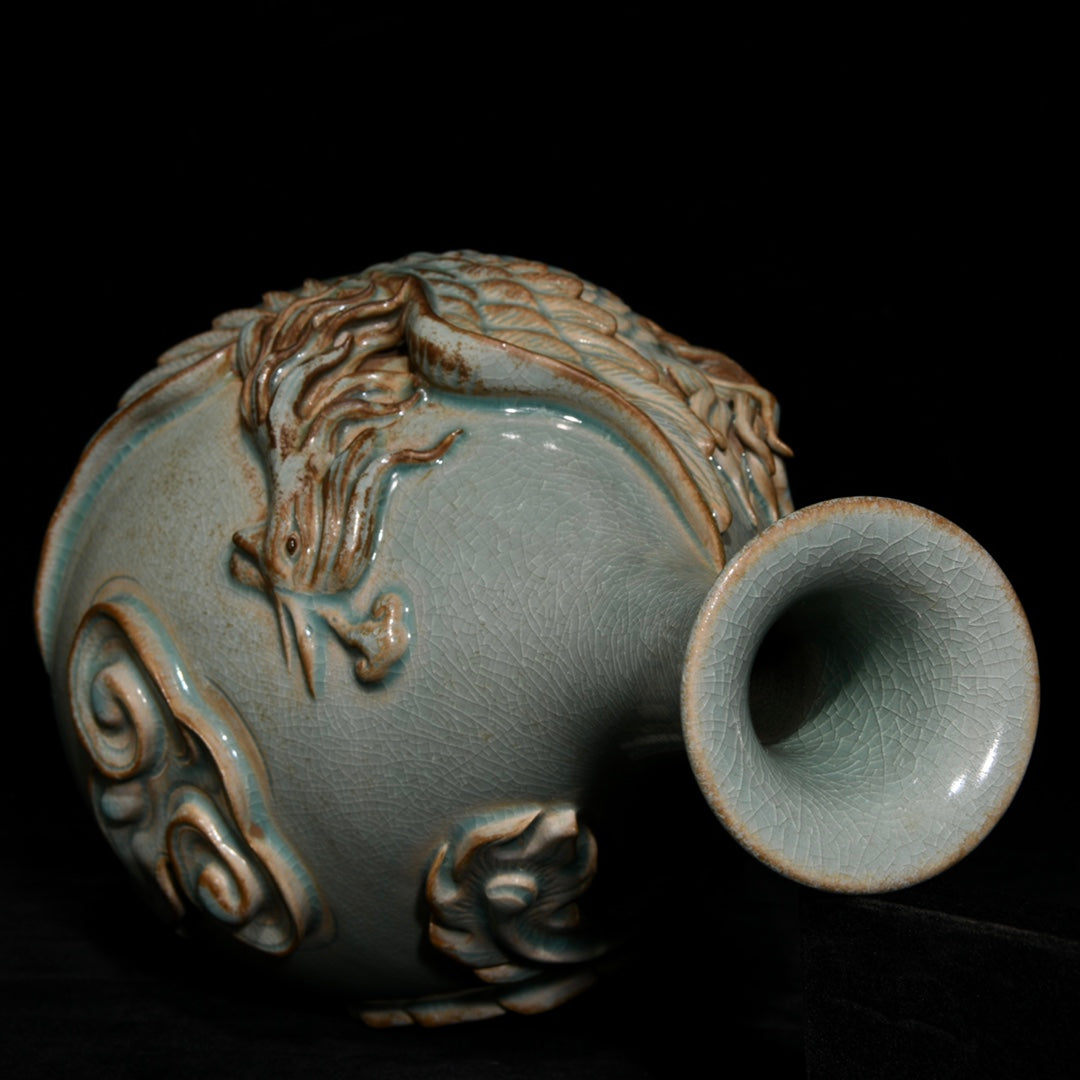 A2364 Chinese Ru Kiln High Relief Phoenix Porcelain Vase