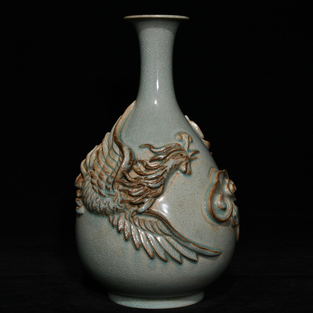 A2364 Chinese Ru Kiln High Relief Phoenix Porcelain Vase
