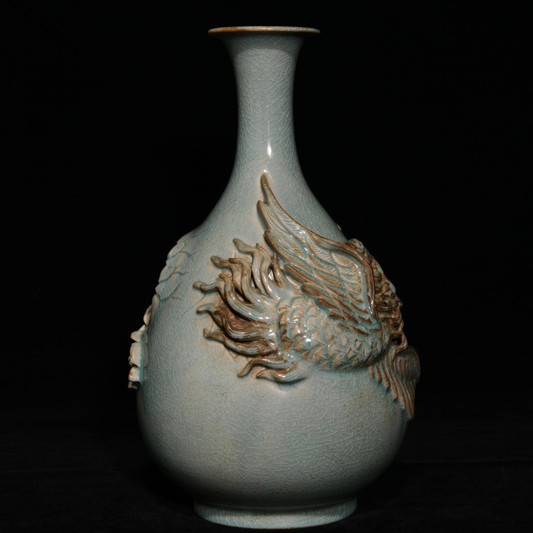 A2364 Chinese Ru Kiln High Relief Phoenix Porcelain Vase