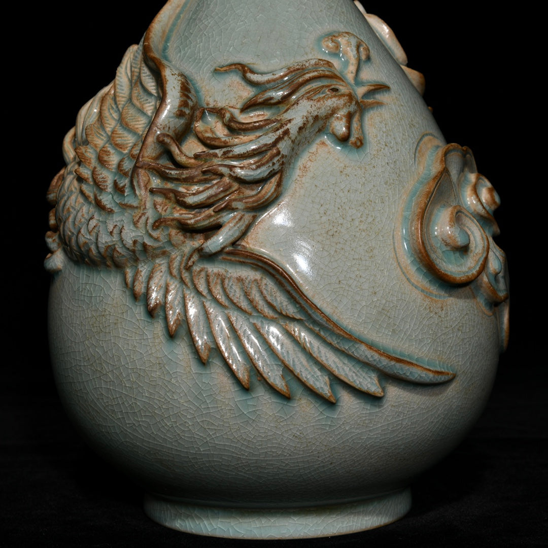 A2364 Chinese Ru Kiln High Relief Phoenix Porcelain Vase