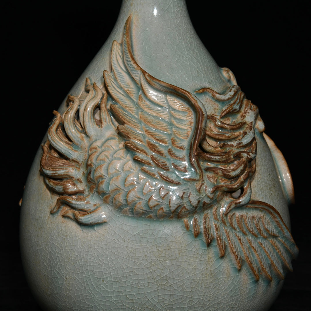 A2364 Chinese Ru Kiln High Relief Phoenix Porcelain Vase