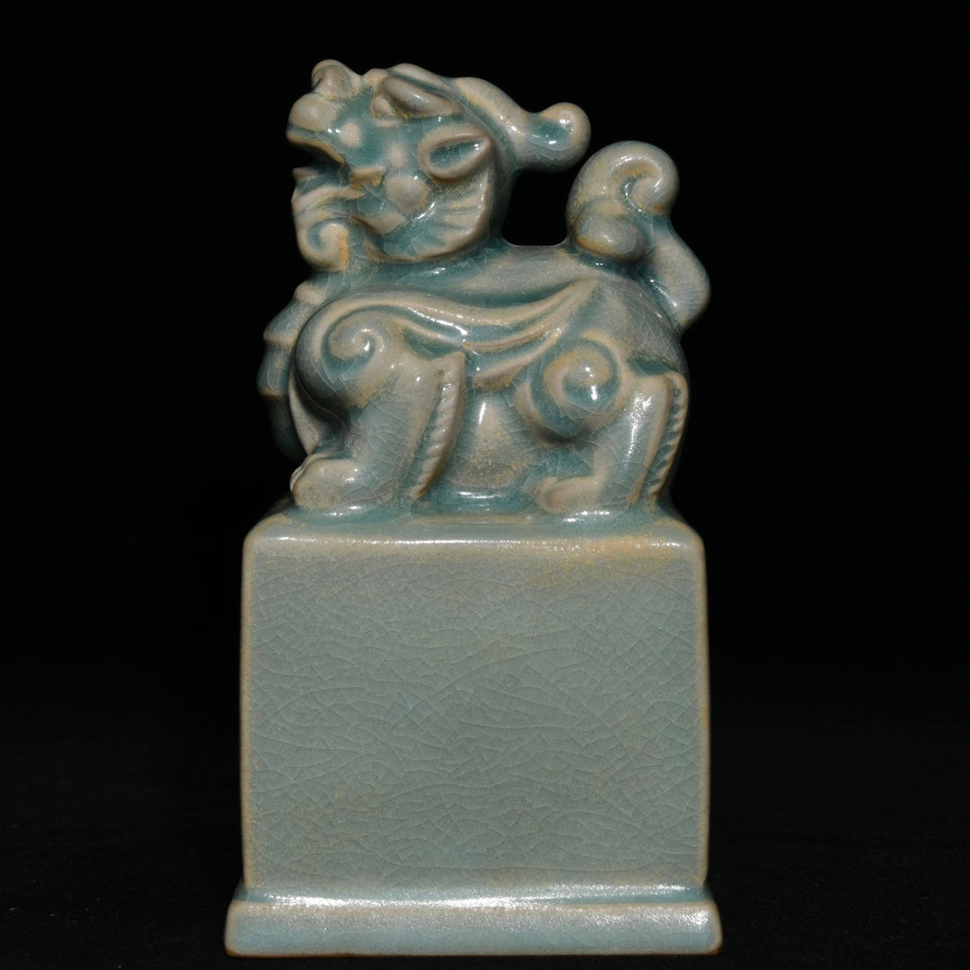 A2369 Chinese Ru Kiln Fortune Pixiu Porcelain Seal Statue