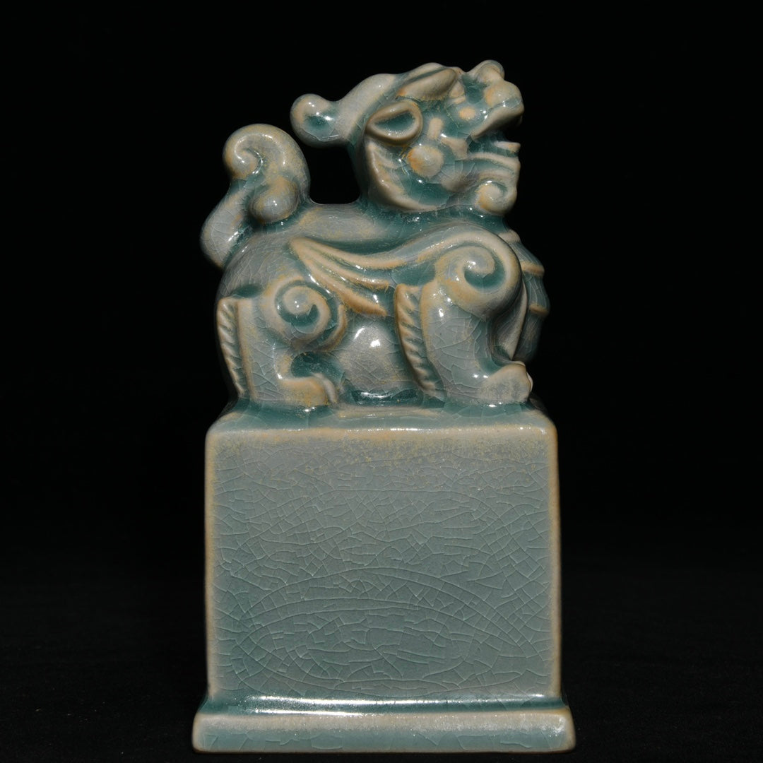 A2369 Chinese Ru Kiln Fortune Pixiu Porcelain Seal Statue
