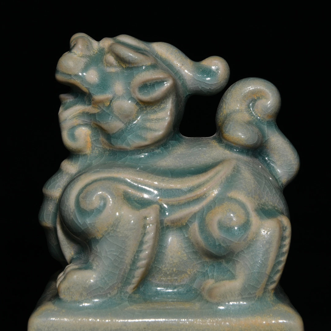 A2369 Chinese Ru Kiln Fortune Pixiu Porcelain Seal Statue