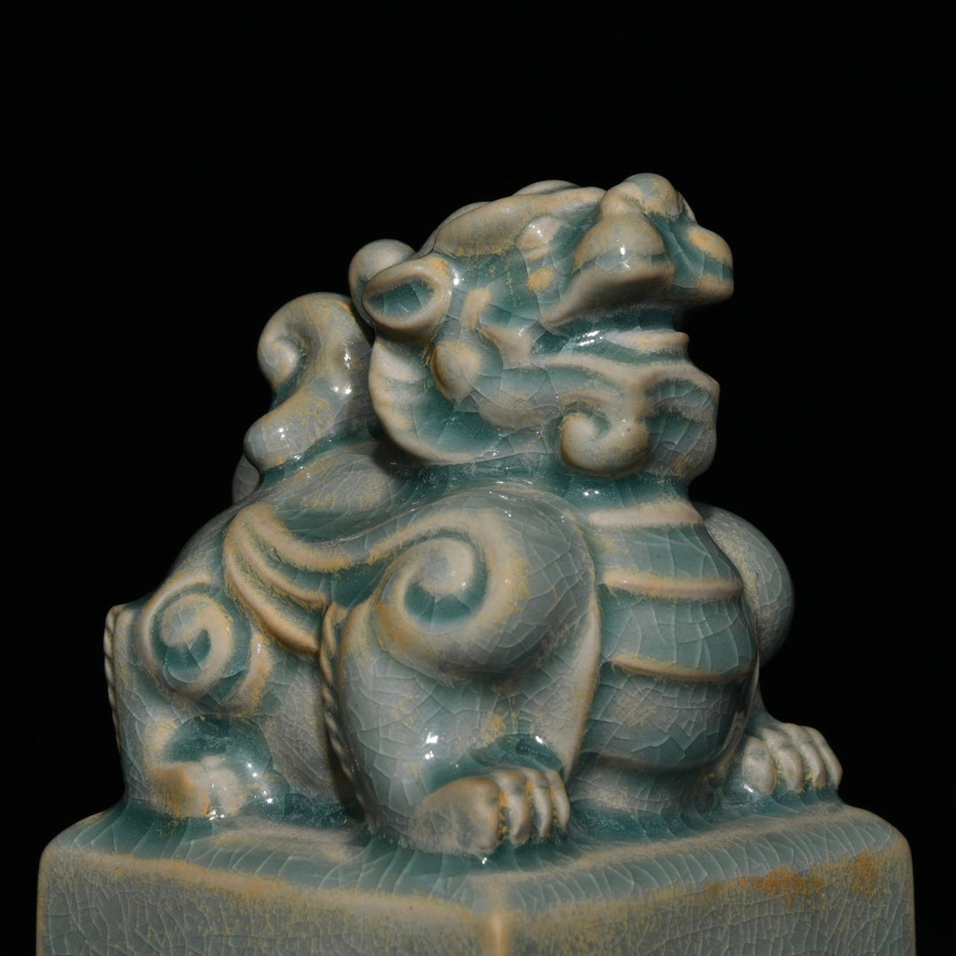 A2369 Chinese Ru Kiln Fortune Pixiu Porcelain Seal Statue