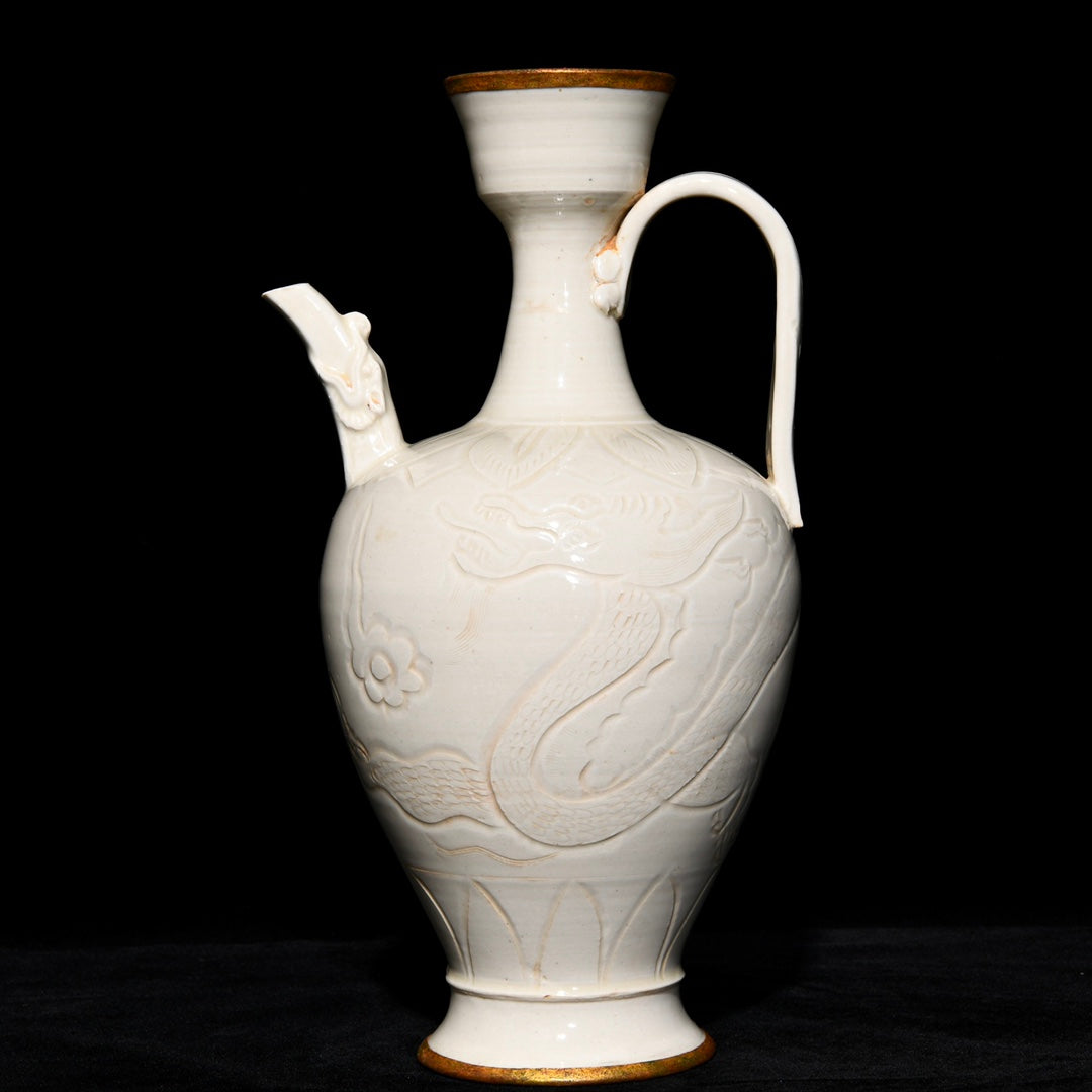 A2373 Chinese Ding Kiln White Glaze Fortune Dragon Design Porcelain Wine Pot