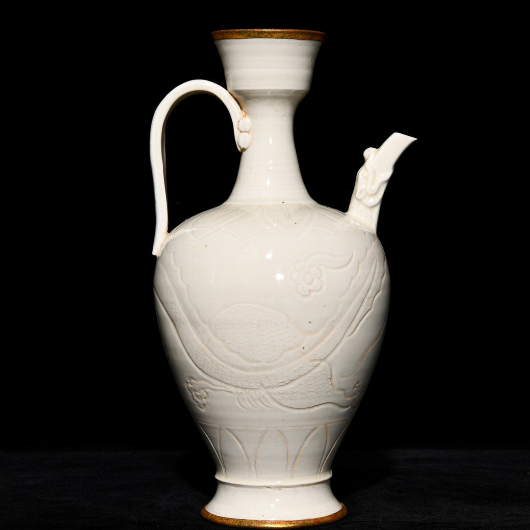 A2373 Chinese Ding Kiln White Glaze Fortune Dragon Design Porcelain Wine Pot
