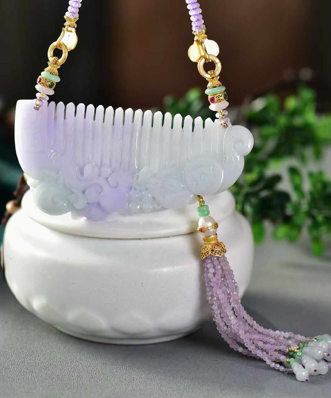 A2404 Exquisite Purple Jadeite Carved Peony Comb Pendant w Beads Necklace