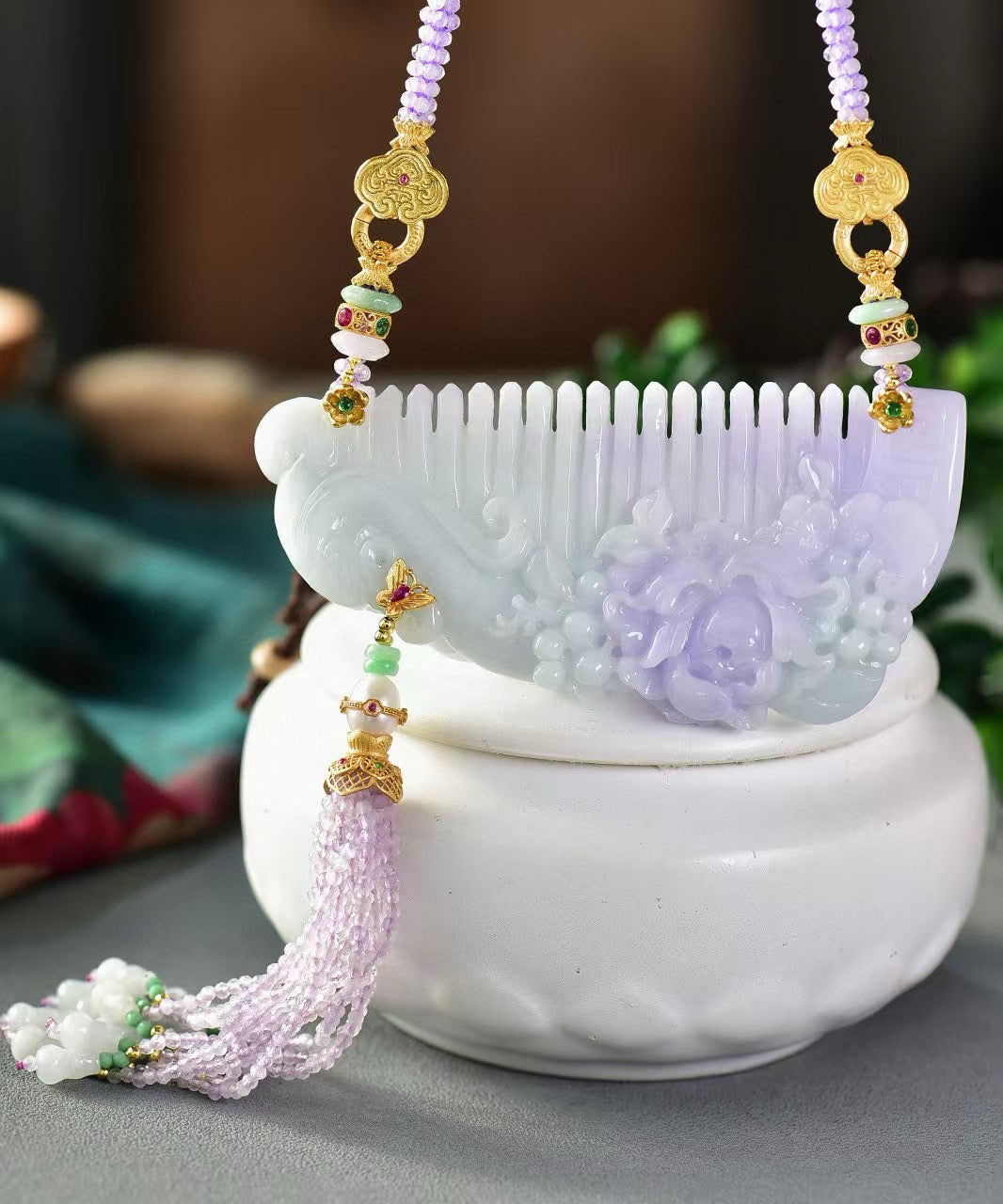 A2404 Exquisite Purple Jadeite Carved Peony Comb Pendant w Beads Necklace
