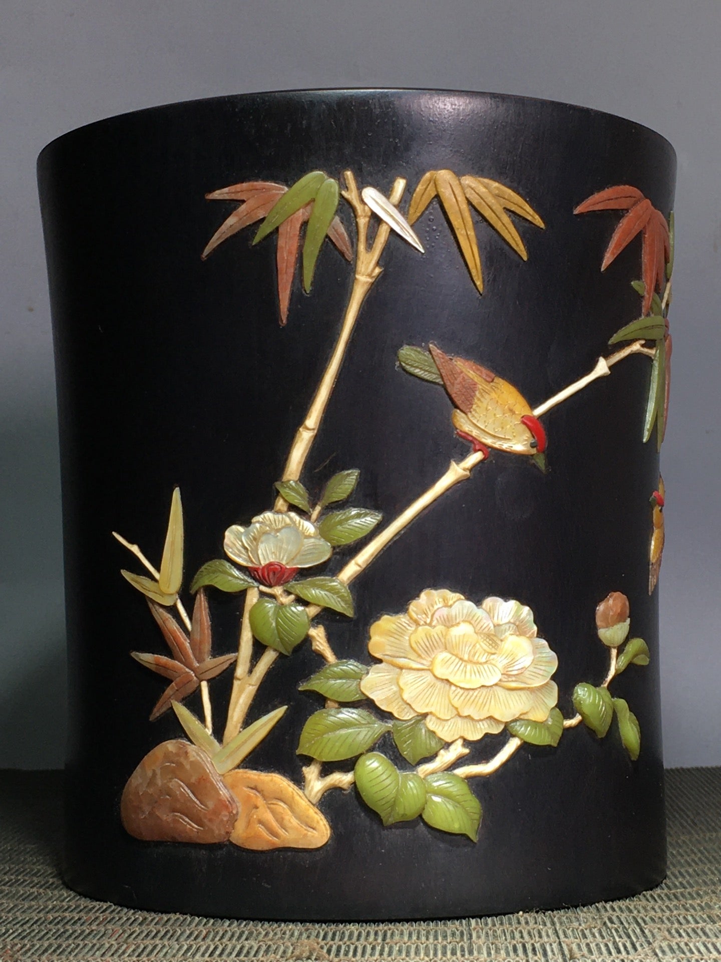 A2418 Vintage Chinese Zitan Wood Inlay Shoushan Stone Flowers Bird Design Brush Pot