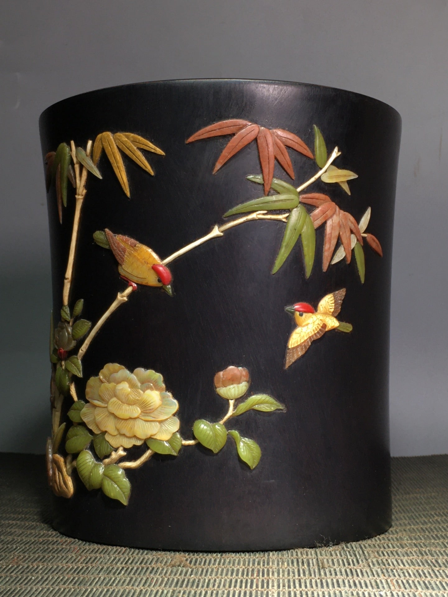 A2418 Vintage Chinese Zitan Wood Inlay Shoushan Stone Flowers Bird Design Brush Pot