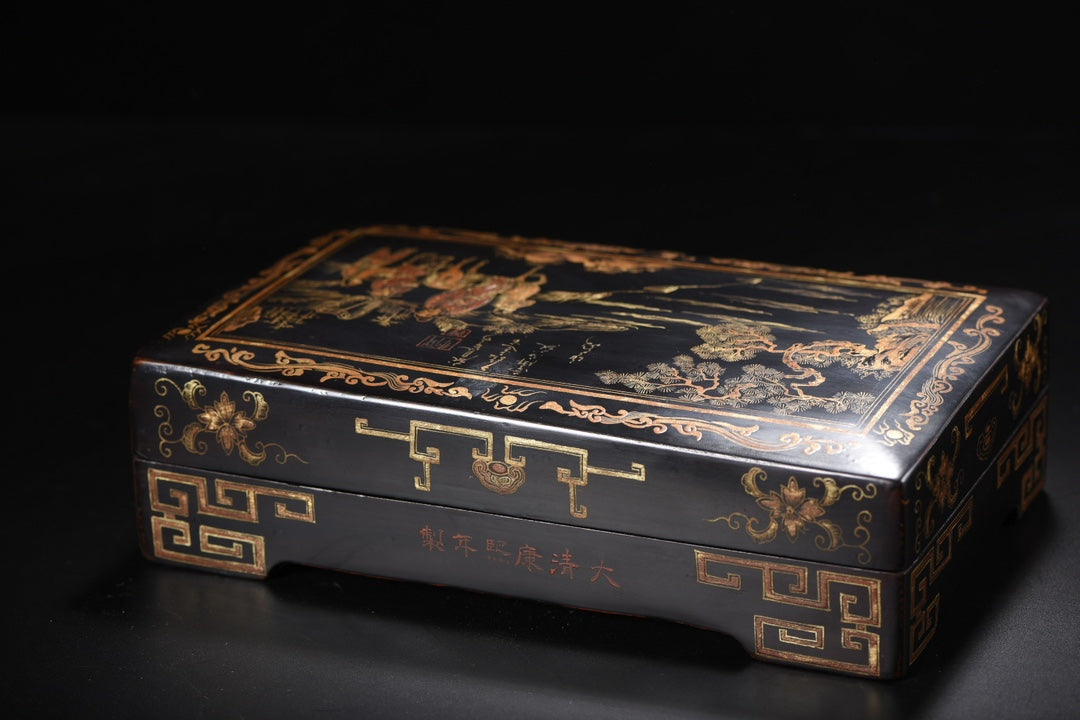 A2437 Chinese Gilt Gold Wooden-cored Lacquerware Figure Design Jewellery Box