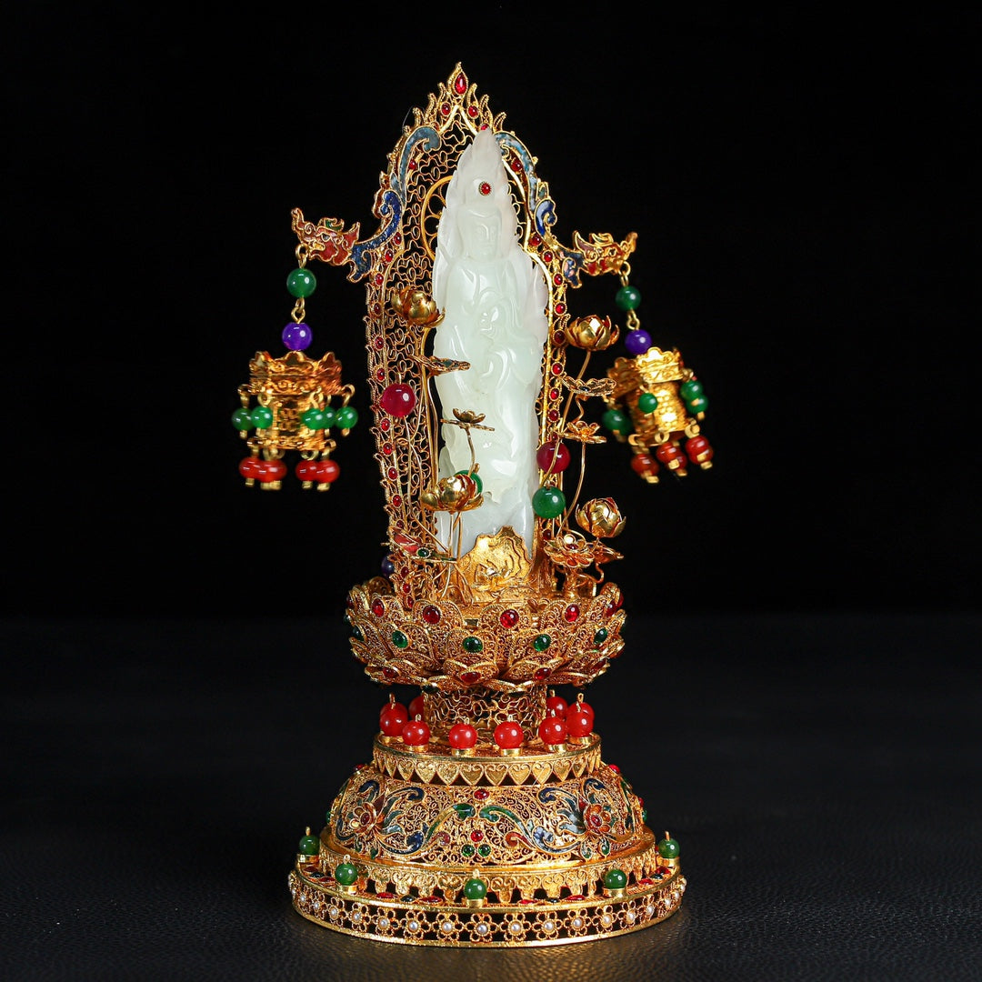 A0576 Exquisite Chinese Hetian Jade Kwan-yin Statue w Gold Wires Enamel Inlay Gem Base