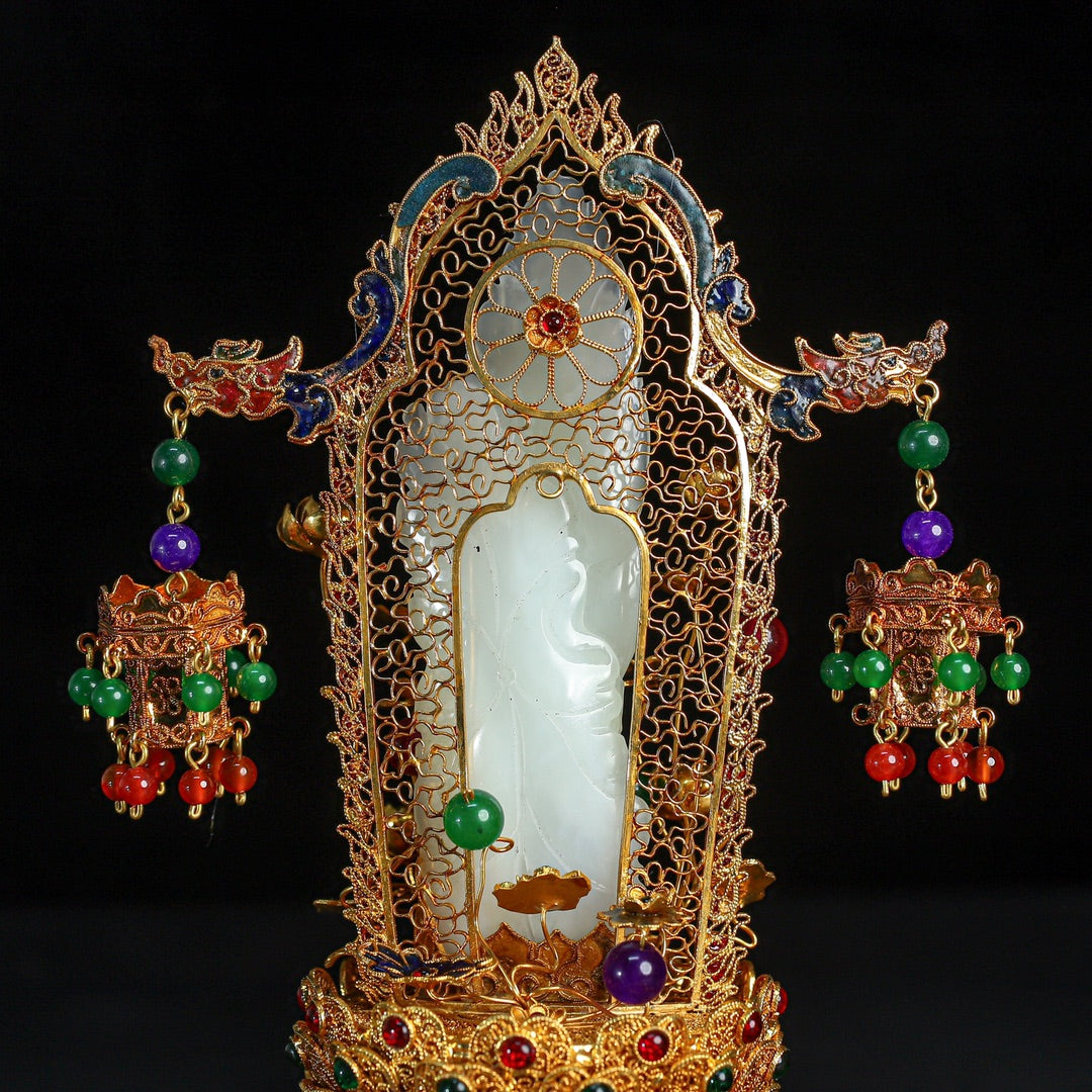A0576 Exquisite Chinese Hetian Jade Kwan-yin Statue w Gold Wires Enamel Inlay Gem Base