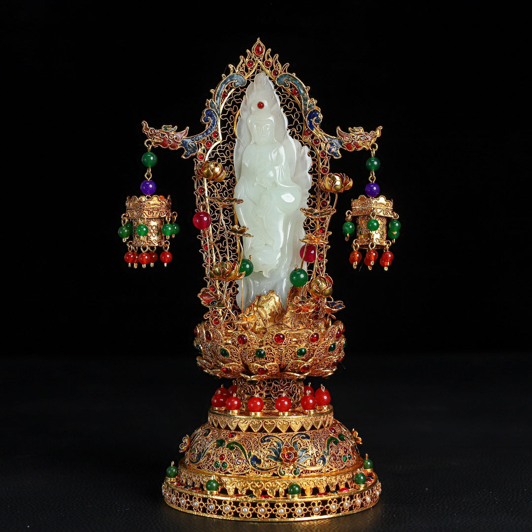 A0576 Exquisite Chinese Hetian Jade Kwan-yin Statue w Gold Wires Enamel Inlay Gem Base