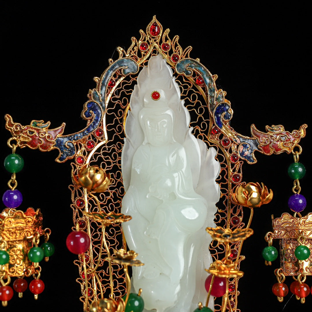 A0576 Exquisite Chinese Hetian Jade Kwan-yin Statue w Gold Wires Enamel Inlay Gem Base