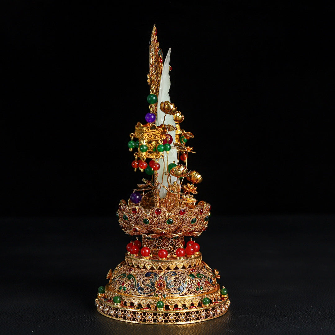 A0576 Exquisite Chinese Hetian Jade Kwan-yin Statue w Gold Wires Enamel Inlay Gem Base