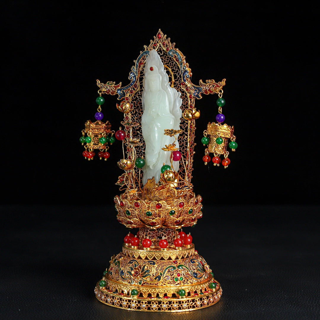 A0576 Exquisite Chinese Hetian Jade Kwan-yin Statue w Gold Wires Enamel Inlay Gem Base