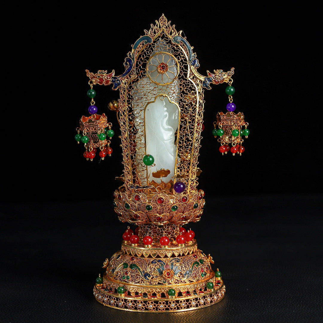 A0576 Exquisite Chinese Hetian Jade Kwan-yin Statue w Gold Wires Enamel Inlay Gem Base