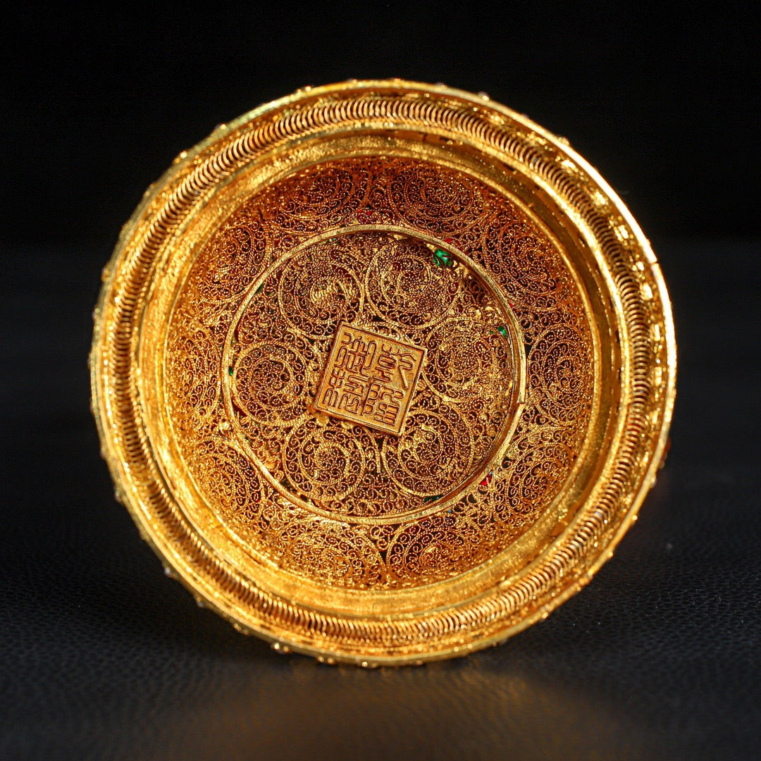 A0576 Exquisite Chinese Hetian Jade Kwan-yin Statue w Gold Wires Enamel Inlay Gem Base