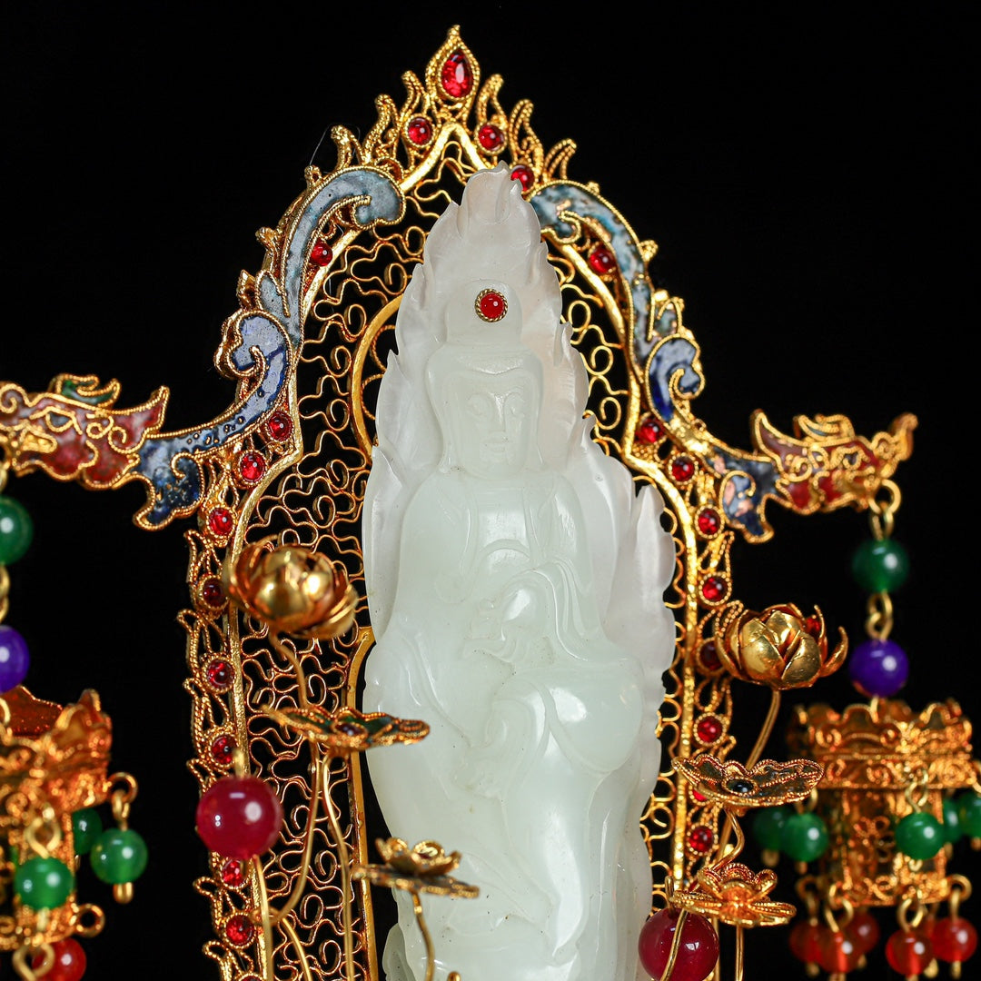 A0576 Exquisite Chinese Hetian Jade Kwan-yin Statue w Gold Wires Enamel Inlay Gem Base