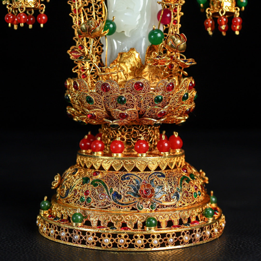 A0576 Exquisite Chinese Hetian Jade Kwan-yin Statue w Gold Wires Enamel Inlay Gem Base