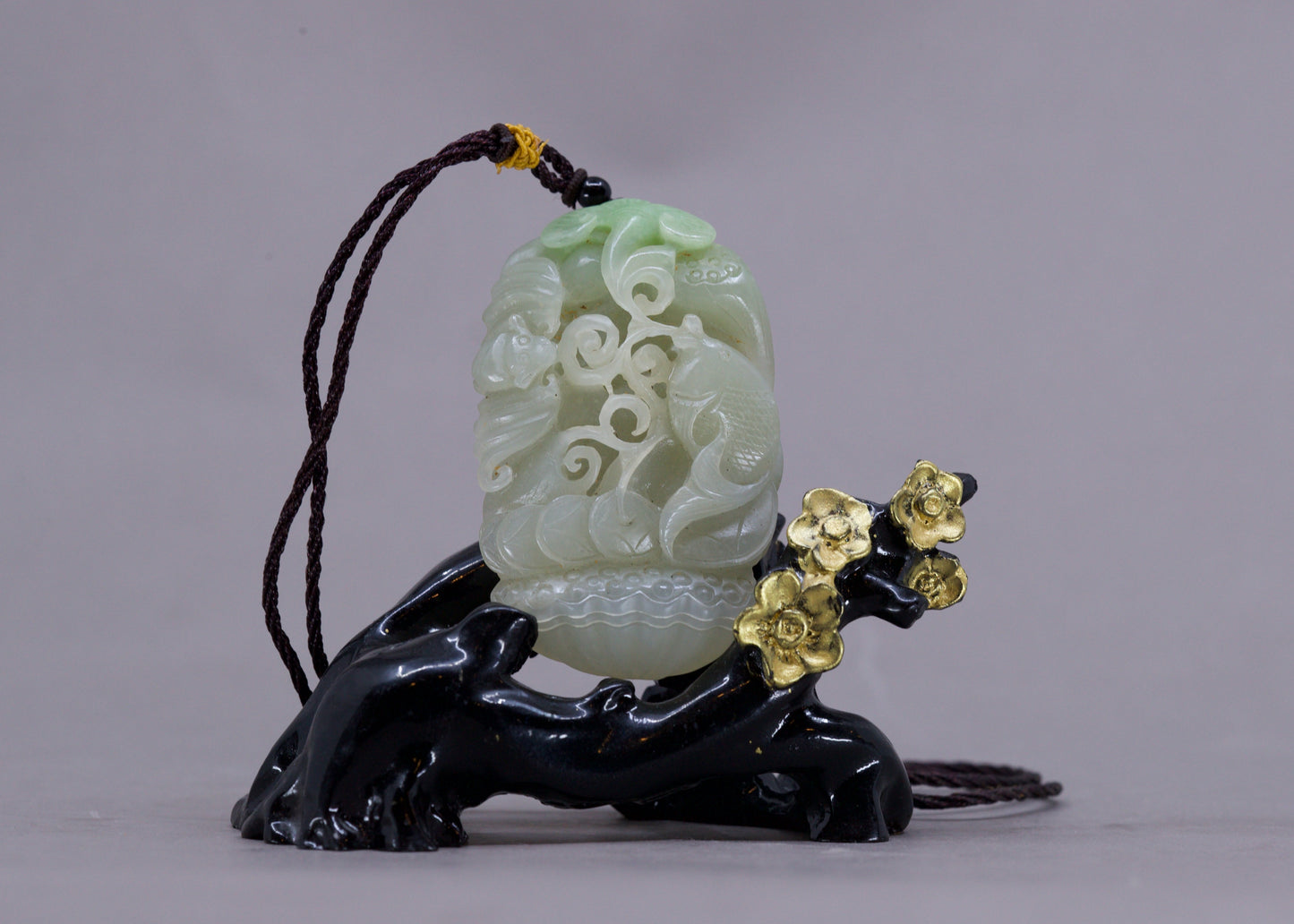 Chinese Hetian Jade Pendant w Fish Carp, Fortune Bat, Ruyi, & Lotus