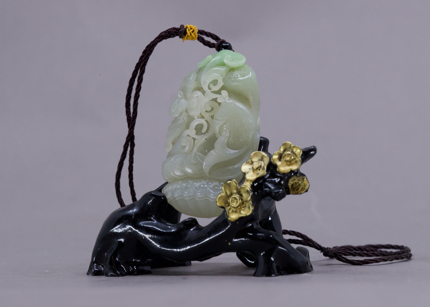 Chinese Hetian Jade Pendant w Fish Carp, Fortune Bat, Ruyi, & Lotus