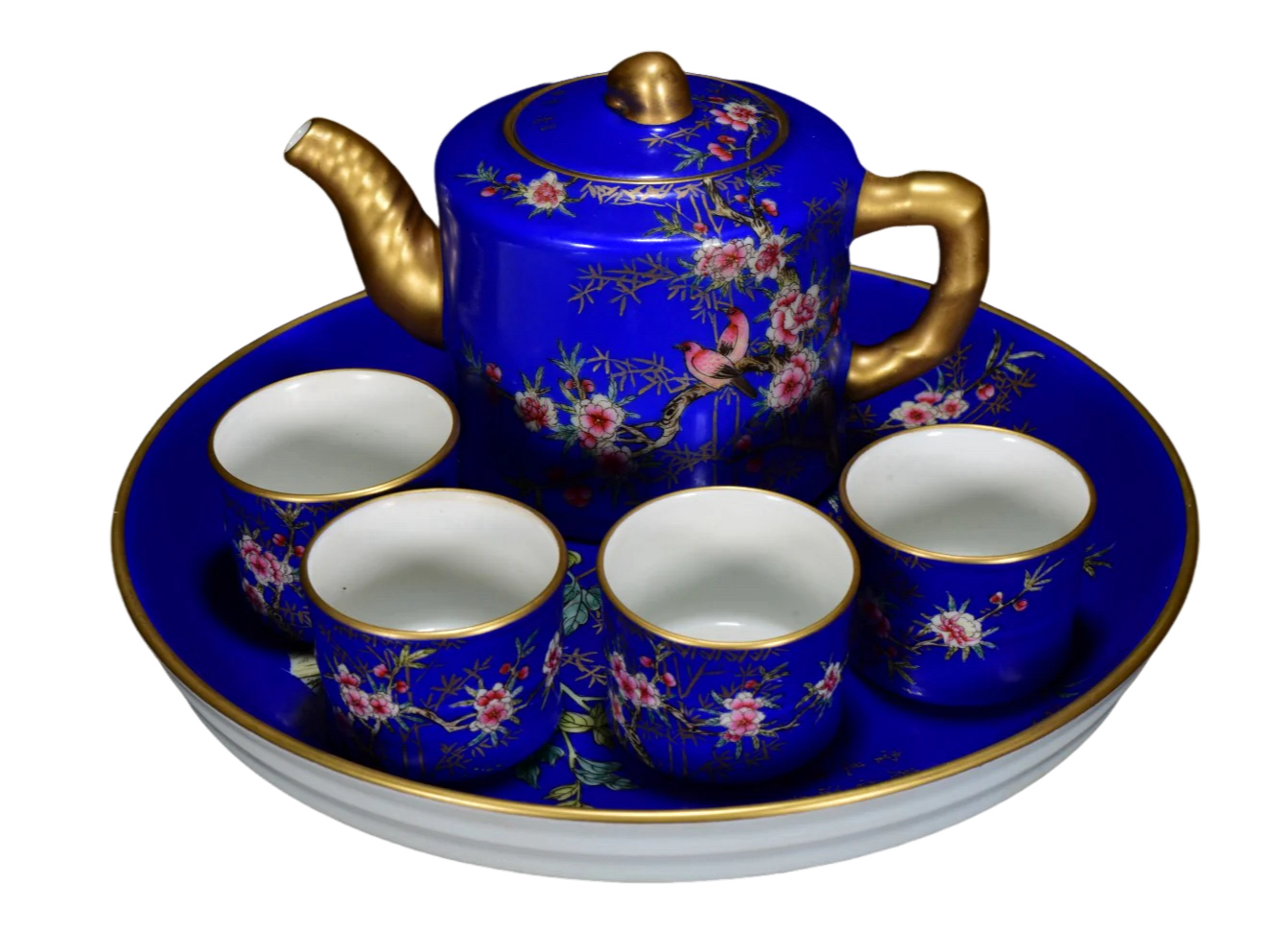 A0309 A Set Gilt Gold Blue Glaze Famille Rose Flower Bird Design Porcelain Teapot & Cups,Plate w Qianlong Mark