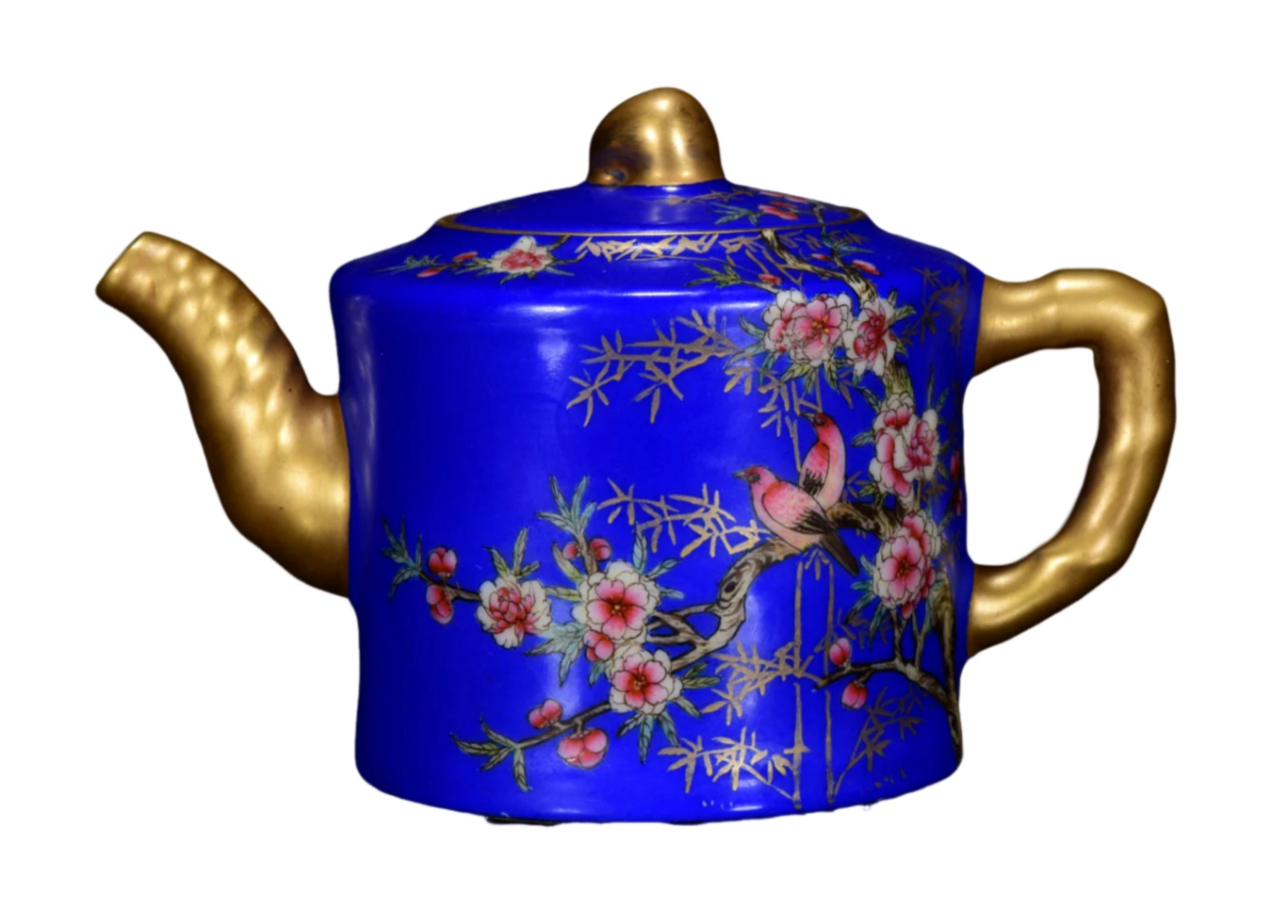 A0309 A Set Gilt Gold Blue Glaze Famille Rose Flower Bird Design Porcelain Teapot & Cups,Plate w Qianlong Mark