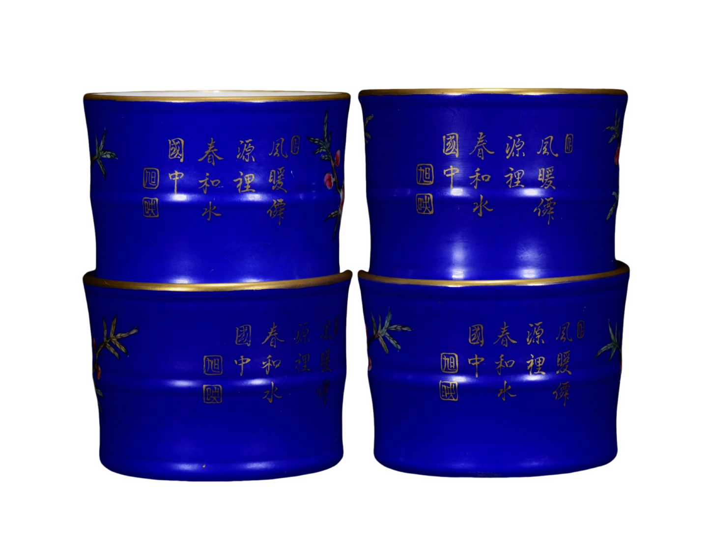 A0309 A Set Gilt Gold Blue Glaze Famille Rose Flower Bird Design Porcelain Teapot & Cups,Plate w Qianlong Mark