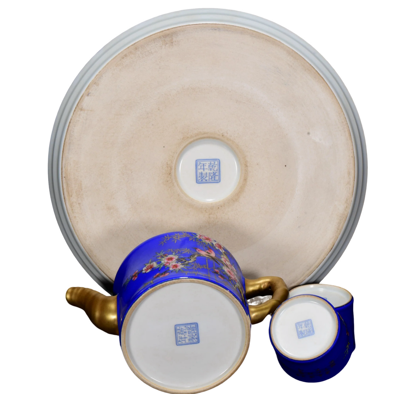 A0309 A Set Gilt Gold Blue Glaze Famille Rose Flower Bird Design Porcelain Teapot & Cups,Plate w Qianlong Mark