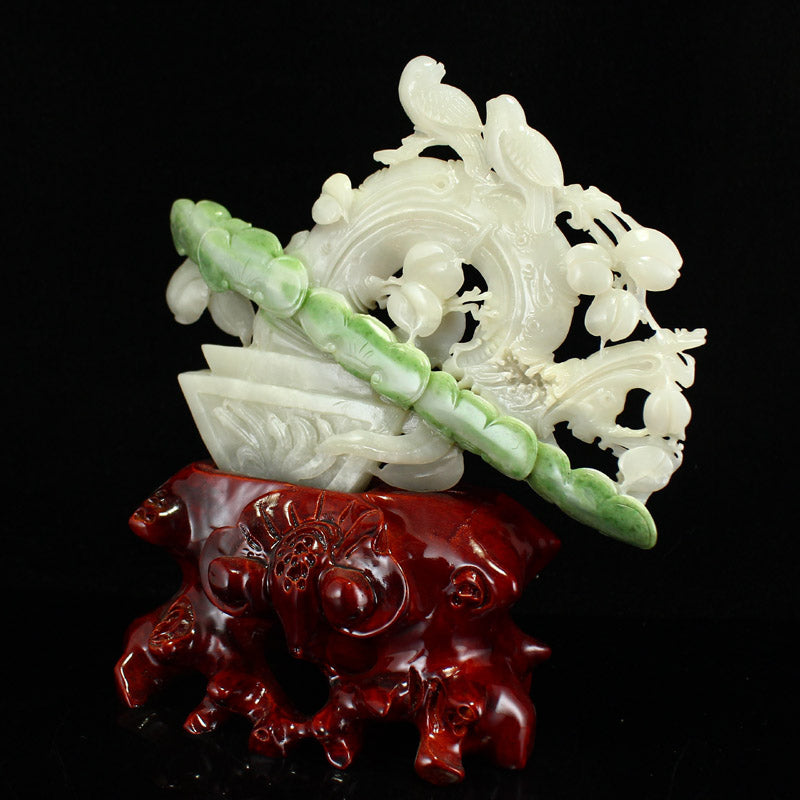 Chinese Hetian Jade Statue w Bird, Ruyi in Basket & Certificate