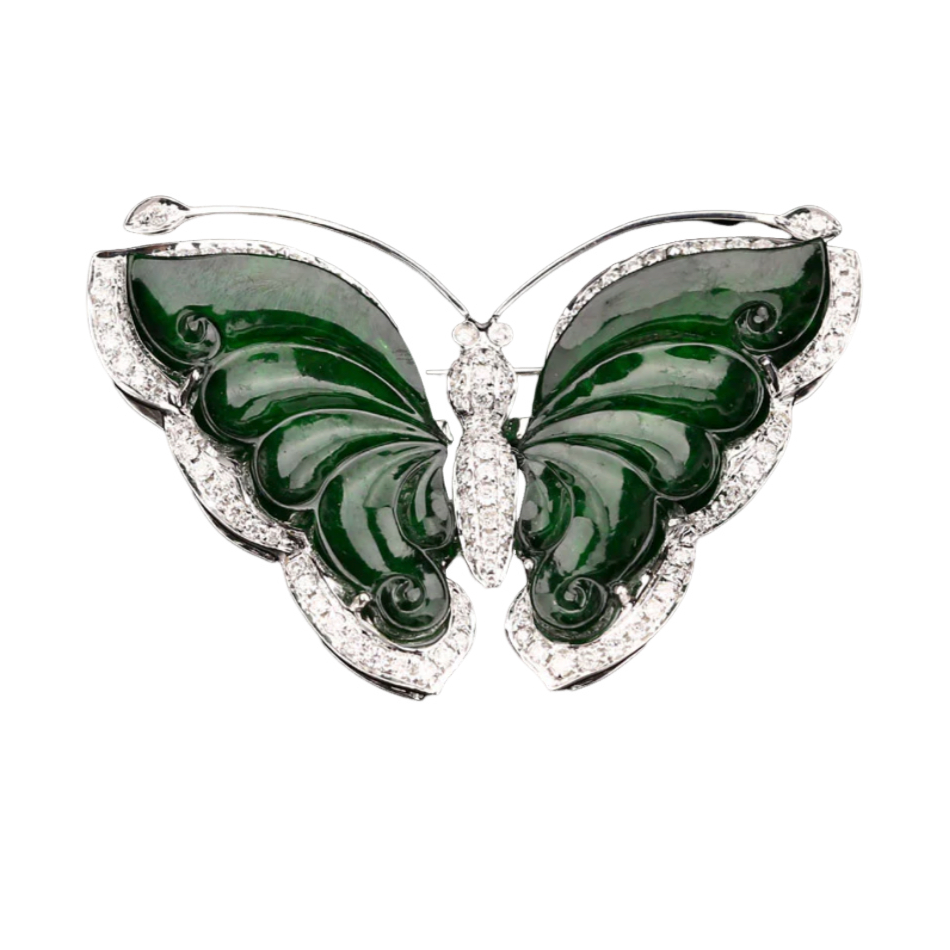 18K White Gold Inlay Emerald Jadeite Natural Diamonds Butterfly Pendant