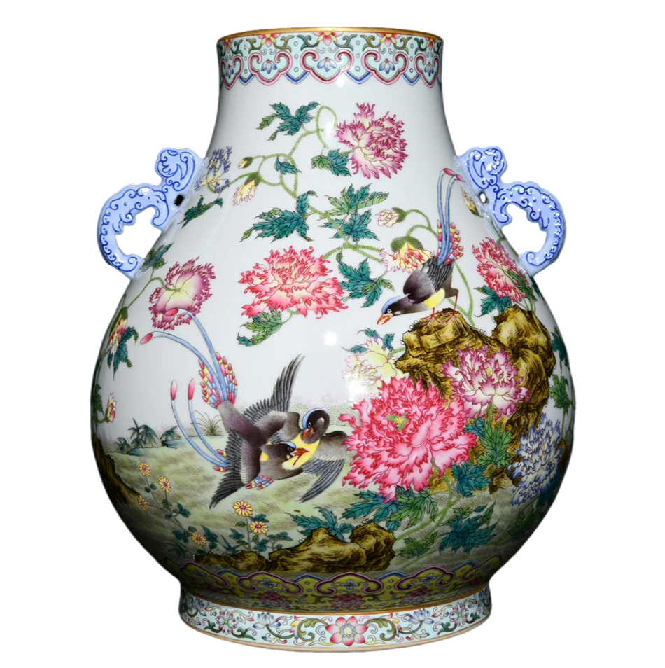 A0211 Chinese Gilt Edge Famille Rose Flower Bird Design Double Ears Porcelain Vase