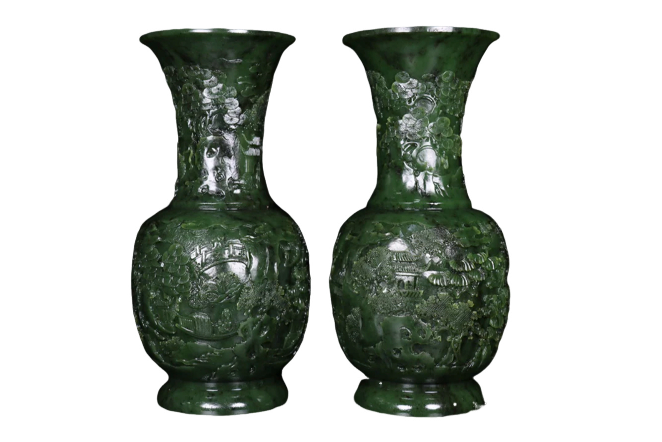 A0103 A Pair Chinese Green Hetian Jade Low Relief Pine Tree & Figure Design Vase