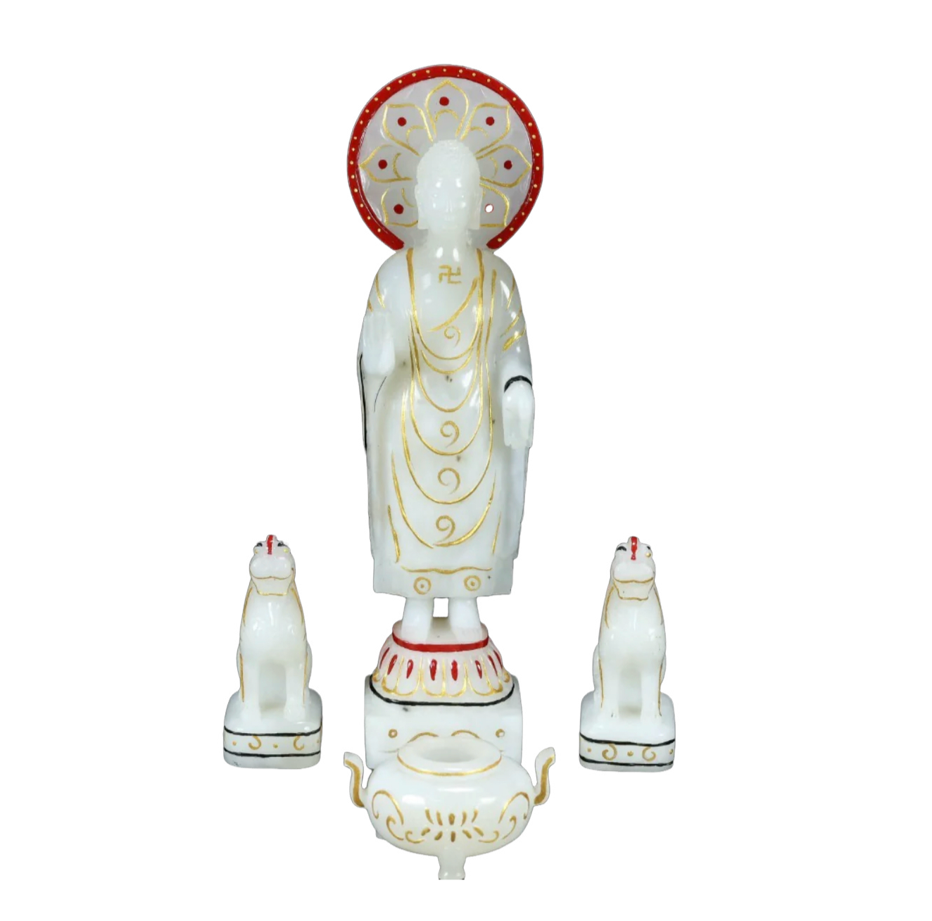 A0797 A Set Exquisite Chinese Gilt Gold White Hetian Jade Carved Siddhartha Buddha Statue & Beast Seal & Incense Burner