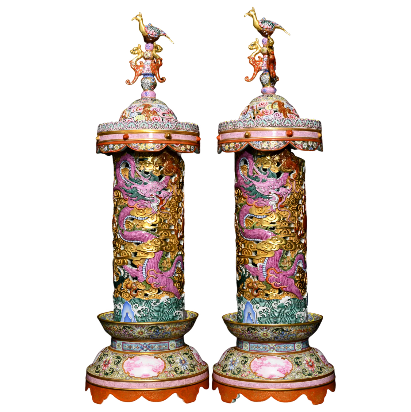 A1592 A Pair Superb Chinese Qing Dynasty Gilt Gold Famille Rose Clouds Dragon Design Porcelain Incense Burner