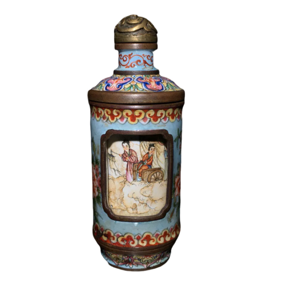 A0150 Vintage Chinese Bronze Enamel Figure & Flower Design Snuff Bottle