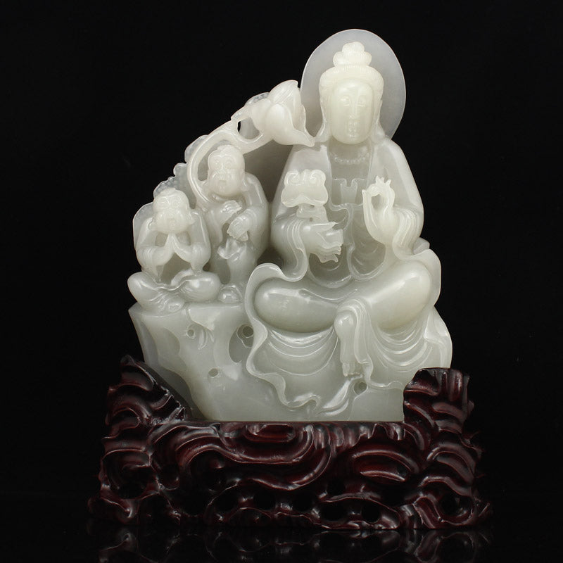 Superb Chinese Hetian Jade Kwan-yin & Fortune Kids Statue