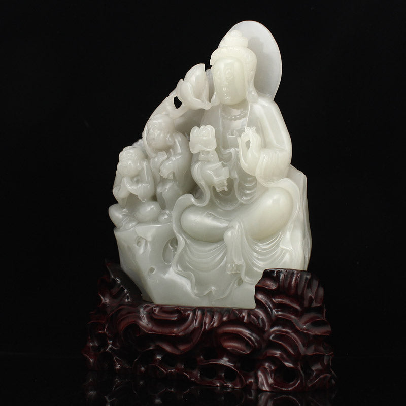 Superb Chinese Hetian Jade Kwan-yin & Fortune Kids Statue