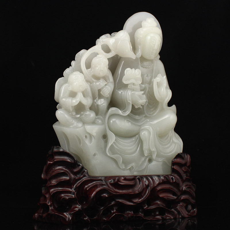 Superb Chinese Hetian Jade Kwan-yin & Fortune Kids Statue