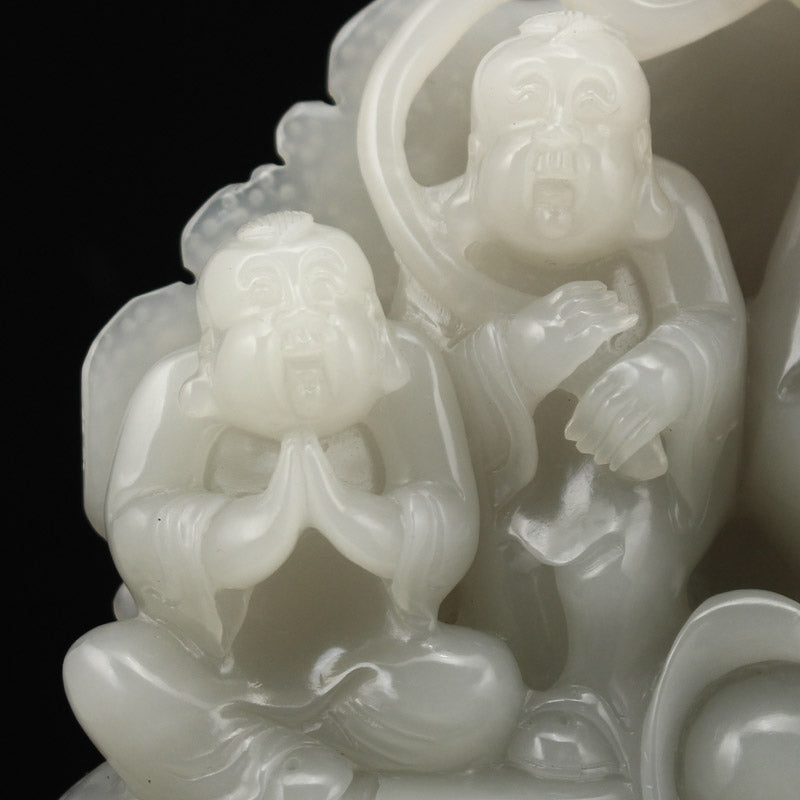 Superb Chinese Hetian Jade Kwan-yin & Fortune Kids Statue